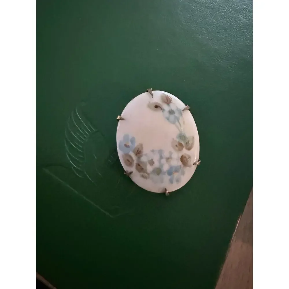 Vintage Porcelain Hand Painted Blue Forget Me Nots Brooch